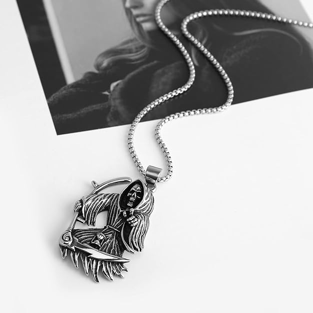 Scddboy Skull Pendant Necklace for Men,Gothic Grim Reaper Pendant Necklace