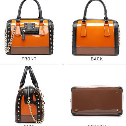 Dasein Barrel Bags for Women Shiny Patent Faux Leather Handbags Top Handle purse Rivet Decoration Satchel Bags Shoulder Bag