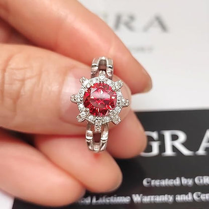Red Moissanite Ring for Women 1.0ct Lab Created Diamond Round Cut Rings 18K White Gold Plated S925 Silver Jewelry with Gift Box