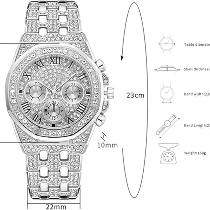 Apzzic Diamond Iced Out Watch CZ Gold Plated 40mm Width Roman Numerals Dial Quartz Wristband Watch for Men Women