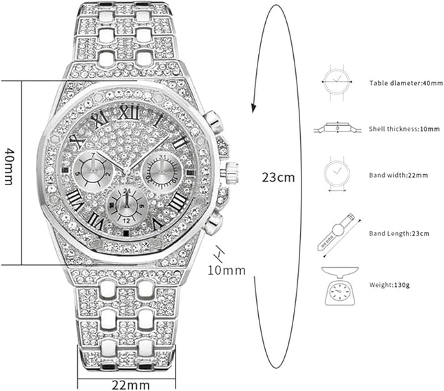 Apzzic Diamond Iced Out Watch CZ Gold Plated 40mm Width Roman Numerals Dial Quartz Wristband Watch for Men Women