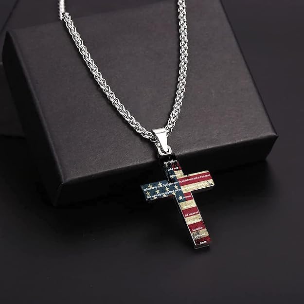 American Flag Bible Cross Pendant Necklace Christian Religious Jewelry Men's