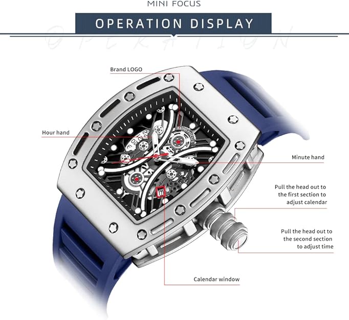 MF MINI FOCUS Men's Watch Fashion Tonneau Wrist Watches (Chronograph/Waterproof/Luminous/Calendar) Silicon Strap Quartz Watch for Men