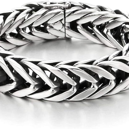 COOLSTEELANDBEYOND Masculine Style Wide Curb Chain Bracelet Stainless Steel Silver Color for Men