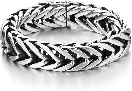 COOLSTEELANDBEYOND Masculine Style Wide Curb Chain Bracelet Stainless Steel Silver Color for Men