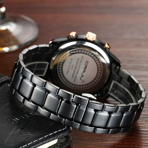 CRRJU Men's Business Casual Chronograph Quartz Waterproof Wristwatch Black Leather Strap