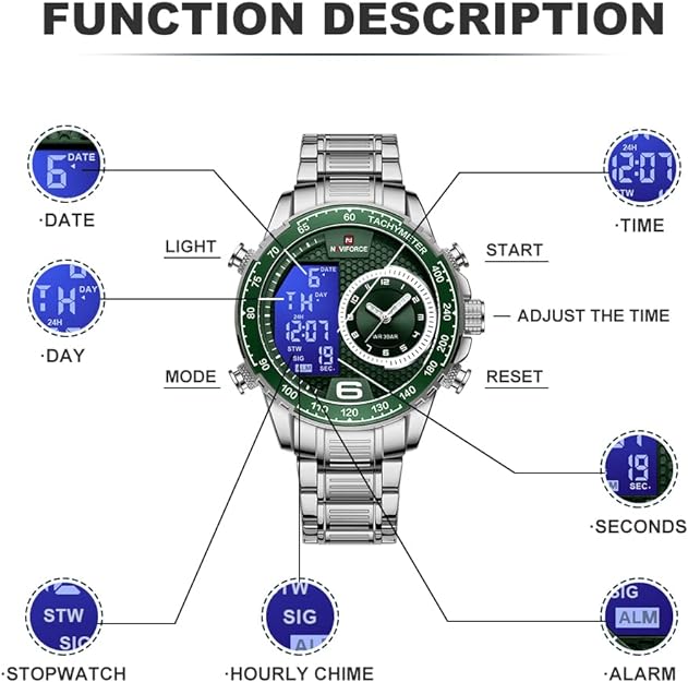NAVIFORCE Men's Multifunction Waterproof Sport Analog Digital Quartz Watch with Chronograph Dual Time Alarm SIG Snooze Function