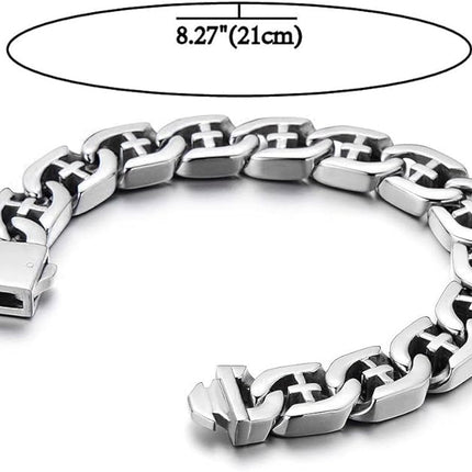 COOLSTEELANDBEYOND Men's Stainless Steel Curb Chain Bracelet with Cross Silver Color High Polished