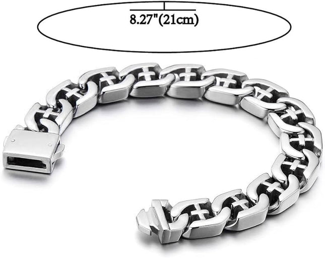 COOLSTEELANDBEYOND Men's Stainless Steel Curb Chain Bracelet with Cross Silver Color High Polished