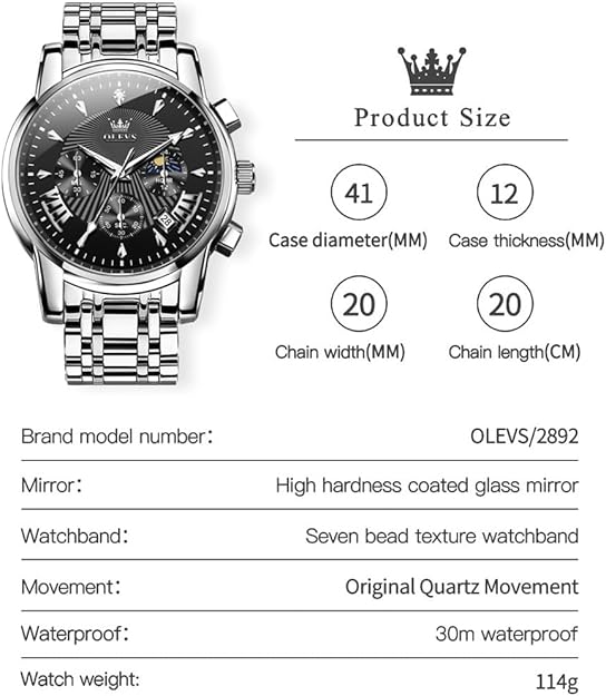 OLEVS Men's Luxury Watch Waterproof Luminous Easy Read Chronograph Watches Full Gold/White Dail/Black Face with Calendar Wristwatch