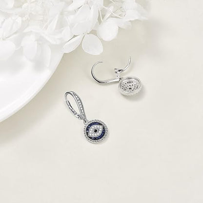 Evil Eye Earrings for Women 925 Sterling Silver Blue Evil Eye Leverback Earrings Huggie Hoop Earrings Evil Eye Dangle Earrings Minimalist Jewelry Gifts for Women Girls