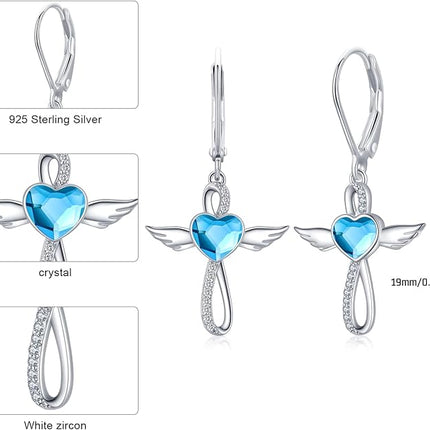 Midir&Etain Lever Earrings 925 Sterling Silver Birthstone Angel Wings Cross Earrings Crystal Jewelry Birthday Gifts for Women