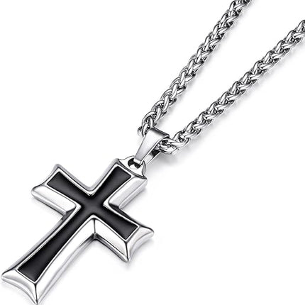 HZMAN Men's Stainless Steel Cross Pendant Necklace with Wheat Chain