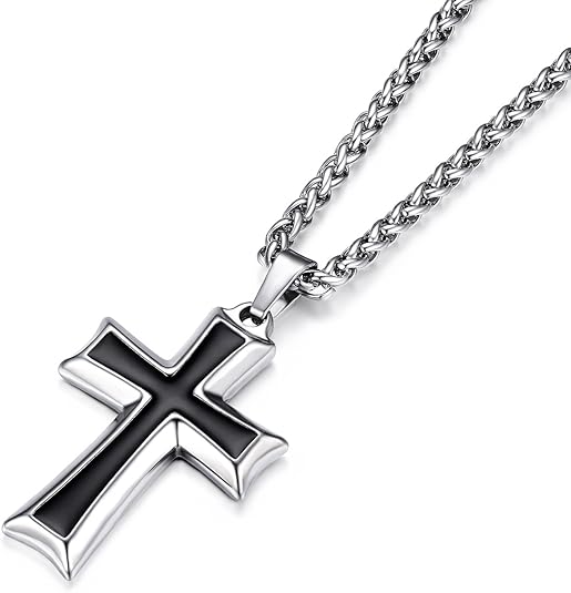 HZMAN Men's Stainless Steel Cross Pendant Necklace with Wheat Chain