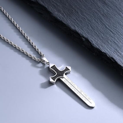 Inspirational Sword Necklace/Evil Eye Necklace,Amulet Pendant Necklace with Stainless Steel,Talisman Necklace,Spiritual and Strength Jewelry for Men Women with 24+2" inch Rope Chain