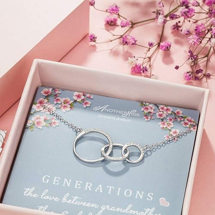 Generations Necklace for Grandma Gift - Sterling Silver Infinity 3 Circle CZ Necklace Mom Granddaughter Grandson Mothers Day Jewelry Birthday Gifts