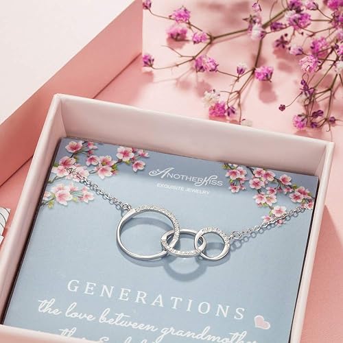 Generations Necklace for Grandma Gift - Sterling Silver Infinity 3 Circle CZ Necklace Mom Granddaughter Grandson Mothers Day Jewelry Birthday Gifts