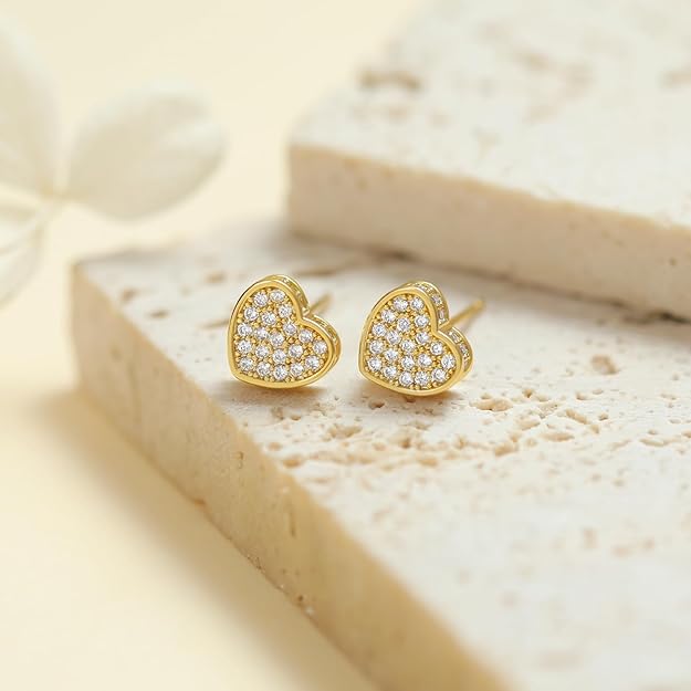 18K Gold Heart Earrings Studs, Cute Heart Shaped Earrings for Women Gold Plated Small Heart Earrings Stud with Cubic Zirconia S925 Hypoallergenic Stud Earrings for Women Jewelry Gift