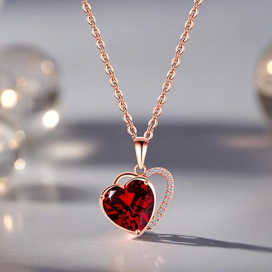 Heart Necklace for Women, Red Birthstone Pendant Necklace for Her,925 Sterling Silver Rose Gold Plated Necklace, Anniversary necklace for Women/Wives/Mothers