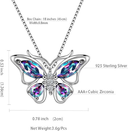 Aurora Tears Butterfly Birthstone Pendant Necklace - Women 925 Sterling Silver Butterflies Birthstone Pendant Necklace Jewelry Birthday Gift for Women