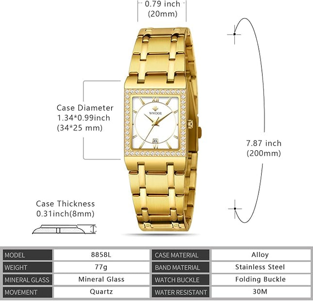 WWOOR Womens Watches Luxury Small Stainless Steel Dainty Square Watches for Women with Date Waterproof Ladies Watches Elegant Dress Quartz Women's Wrist Watches Reloj para Mujer