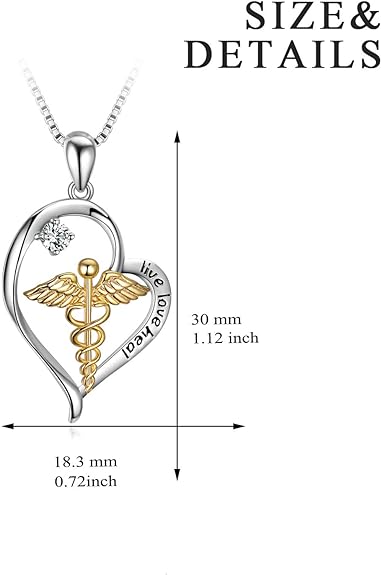 YFN 925 Sterling Silver Caduceus Angel Nursing Themed Pendant Necklace 18"