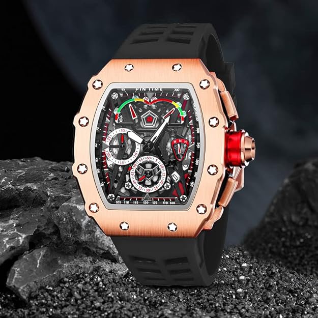 FANMIS Mens Luxury Tonneau Square Watches Analog Punk Chronograph Unique Sports Wrist Watch Japanese Movement Luminous Design with Rubber Band