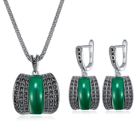 Zyoenxl Vintage Green Black Crystal Geometric Stone Necklace Earrings Fashion Jewelry Sets Christmas Day Gifts