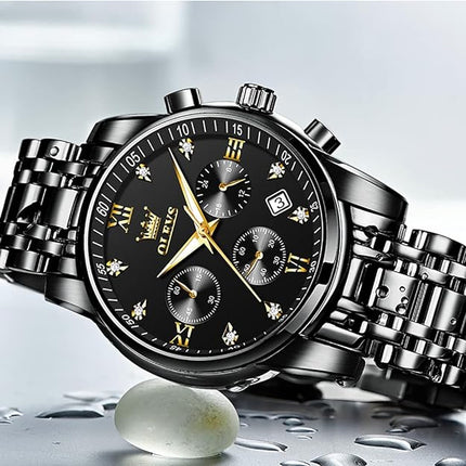 OLEVS Mens Watches Luxury Business Stainless Steel Chronograph Moon Phase Waterproof Date Analog Quartz Dress Watches for Men's ,Black/Dial