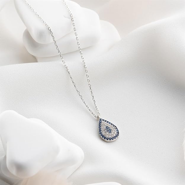 925 Sterling Silver Necklace for Women | 18-Inch Genuine Zircon Blue Evil Eye Drop Pendant | Women's Rhodium-Plated Jewelry, Dainty Gift for Girls