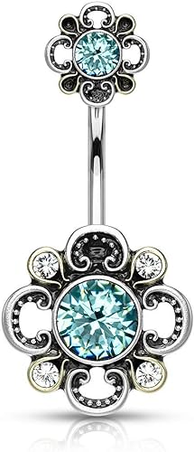 Forbidden Body Jewelry Surgical Steel CZ Centered Flower Vintage Filigree Belly Button Ring with Matching Top