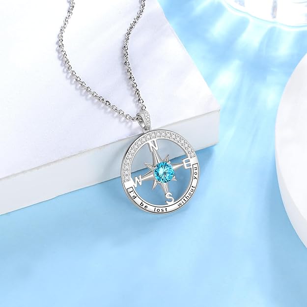 Jewmon 925 Sterling Silver Compass Necklace for Women Graduation Gifts for Her Birthstone Neckalce Charm Compass Birthstone Jewelry Anniversary Birthday Gifts for Daughter Friends Sisters Gifts