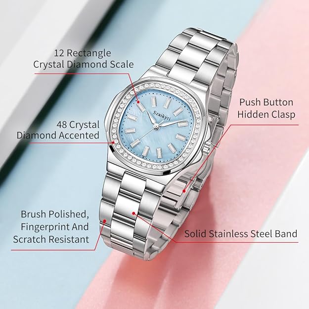 Szaikyri Elegant Watch for Women with Crystal Accented Solid Stainless Steel Band Ladies Dress Watch
