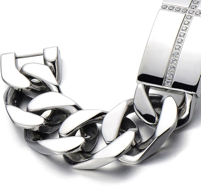 COOLSTEELANDBEYOND Mens Large Stainless Steel Cross Identity Curb Chain Bracelet Set with Cubic Zirconia Hip Hop Rock