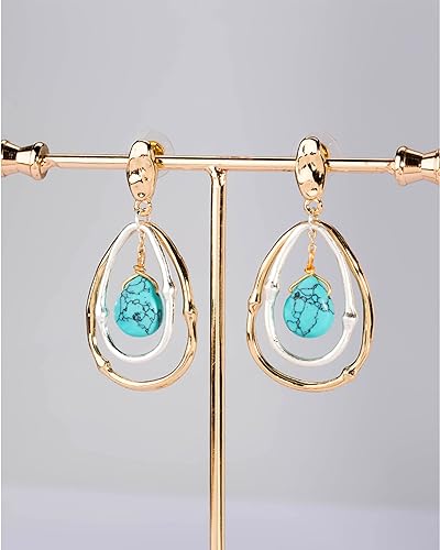 Turquoise Gold Hoop Earrings for Women,Turquoise Large Oval Drop Dangle Western Stylish Silver Earrings Jewelry