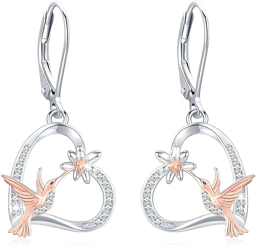 Hummingbird Earrings 925 Sterling Silver Heart Flower Hummingbird Earrings