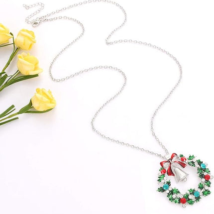 YAHPERN Christmas Necklaces For Women Glitzy Rhinestone Xmas Wreath Bell Pendant Necklace Holiday Jewelry Gift