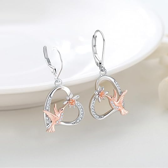 Hummingbird Earrings 925 Sterling Silver Heart Flower Hummingbird Earrings