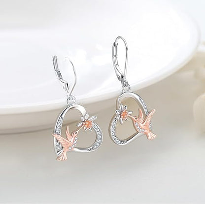 Hummingbird Earrings 925 Sterling Silver Heart Flower Hummingbird Earrings