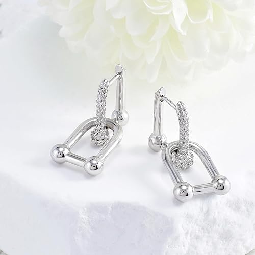 Sterling Silver CZ Ball U Shape Pin Hoop Earrings Paperclip Convertible Link Chain Necklace Thick Chunky Earrings Necklace Y2K Style Hypoallergenic Jewelry Gifts for Women Mom Birthday