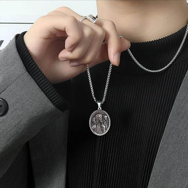 NIGHTCRUZ Jesus Shepherd Necklace, Oval Religious Medal Medallion Stainless Steel for Men