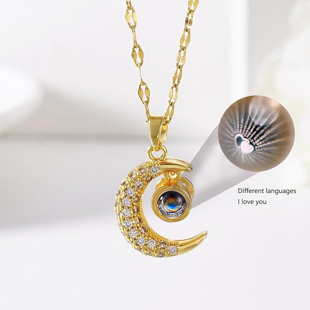 Women Titanium Steel Stainless Steel Moon Necklace with Diamond Inlay, Elegant & Durable Jewelry for Women