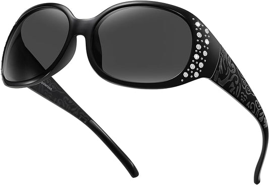 HAOLOTA Polarized Sunglasses for Women, Rhinestone Wrap Around Sunglasses with UV400 Protection