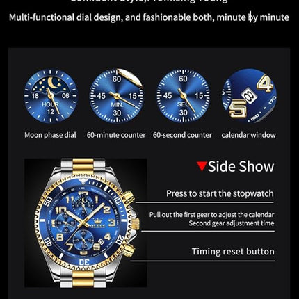 OLEVS Watches for Men Stainless Steel Dress Men Watch with Date Big Face Chronograph Waterproof Luxury Fashion Watch Blue/Black/Gold/Green/Silver Face Relojes para Hombres