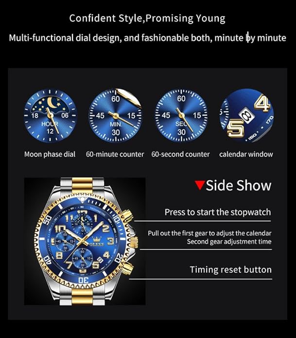 OLEVS Watches for Men Stainless Steel Dress Men Watch with Date Big Face Chronograph Waterproof Luxury Fashion Watch Blue/Black/Gold/Green/Silver Face Relojes para Hombres