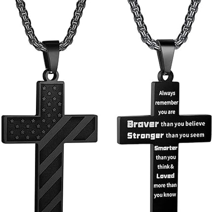 American Flag Cross Necklace for Boys Stainless Steel Box Chain 22+2 inch Inspirational Bible Verse Cross Pendant