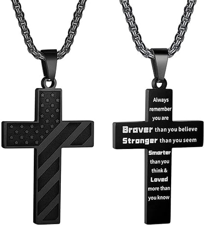 American Flag Cross Necklace for Boys Stainless Steel Box Chain 22+2 inch Inspirational Bible Verse Cross Pendant