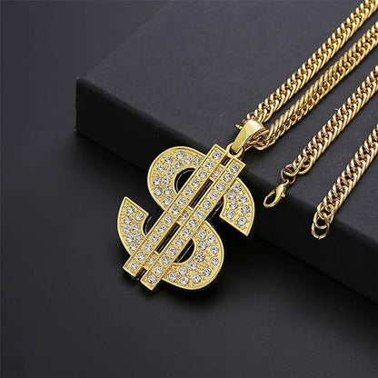 Gold Chain with Dollar Sign Big Money Necklaces for Men Women, Stainless Steel Iced Out Rhinestone Jewelry, Fashion Pendants with 28 Inches Chain