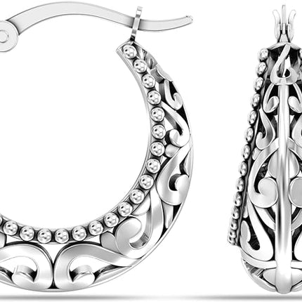 925 Sterling Silver Jewelry Filigree Cut Click-Top Hoop Earrings for Women and Teen