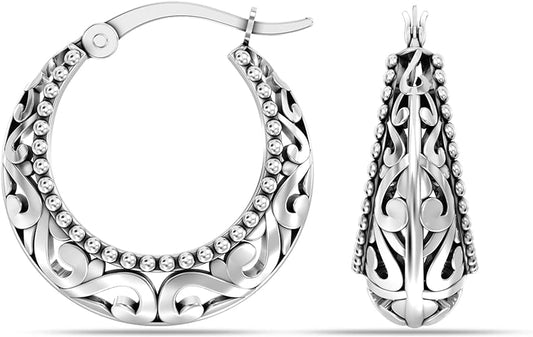 925 Sterling Silver Jewelry Filigree Cut Click-Top Hoop Earrings for Women and Teen